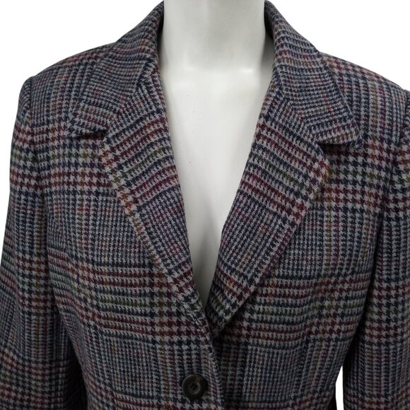 Vintage Plaid 100% Wool Houndstooth Blazer Size M Maurices 90s Y2K Gray Lined - Picture 2 of 12